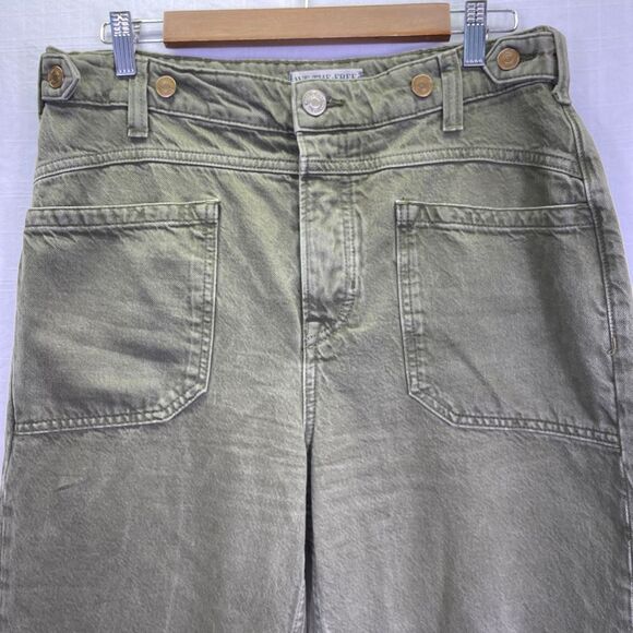 We The Free Olive Green Cotton Palmer Cuffed Wide Leg Jeans Dark Wash Size 28 - Picture 3 of 10